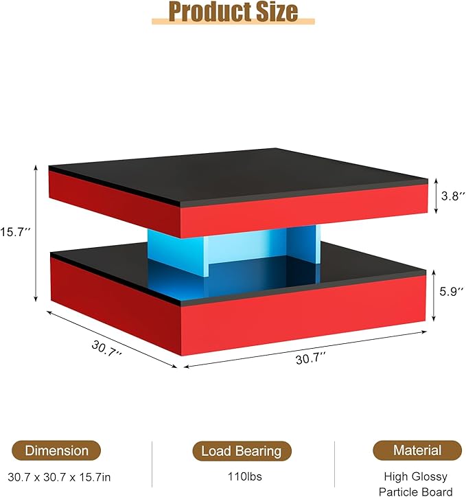 HedoAjim Red LED Coffee Table for Living Room, Living Room Table 2-Tier Square Modern High Glossy Contemporary Wood Coffee Tables with Storage, Tea Table for Dining Reception Room