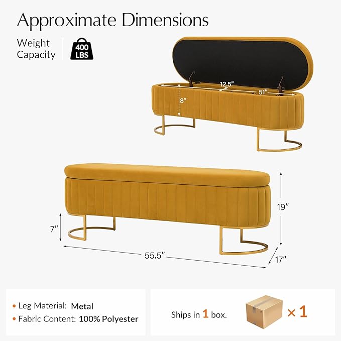 55.5" Velvet Upholstered Storage Bench with Channel Tufted Seat and Metal Legs, Multi-Functional Ottoman with Interior Organizer Pockets for Bedroom and Entryway, Flipping Lid Large Window Bench