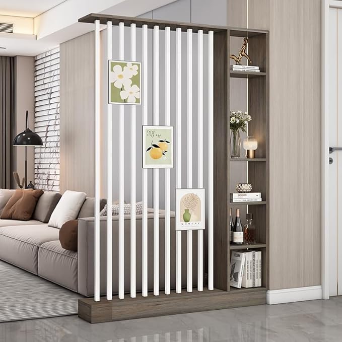 Wall Room Divider, Storage Cabinet Storage Display with Shelves, Modern Freestanding Wood Room Divider Screen, Wall Privacy Screens for Home Decorative (Grey Oak+White,55" L x 9.5" W x 79.5" H)