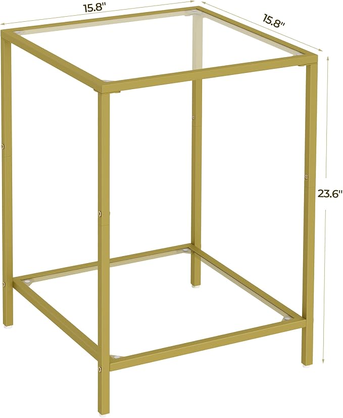 HOMSHO Side Tables Set of 2, End Table with Tempered Glass, 2-Tier Nightstands with Storage Shelves, Coffee Table with Modern Style, Square Sofa Table for Living Room, Bedroom, 15.7"D x 15.7"W, Gold