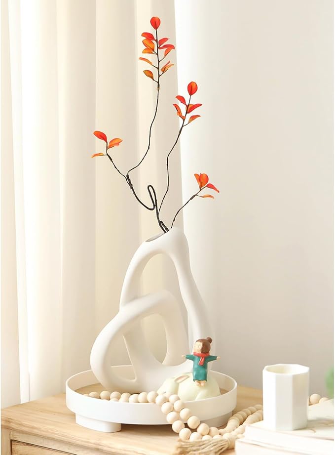 STHIE Modern White Ceramic Flower Vases for Home Decor Aesthetic, Boho Decorative Vase for Bouquet Pampas Grass, Living Room Bedroom Kitchen Maximalist Decor (White)