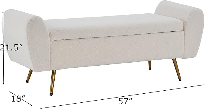 Teddy Storage Bench for Bedroom, 57" Extra Long Boucle Bench for King Size Bed, Modern Upholstered End of Bed Ottoman Bench with Arms and Gold Legs for Entryway Living Room (Ivory White)
