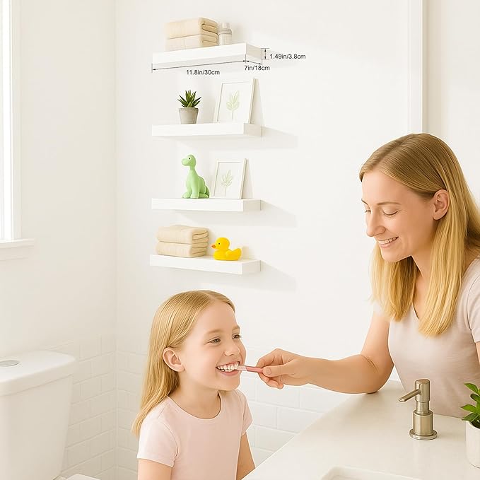 Floating Shelves for Wall, Set of 4 Wooden Wall Mounted Shelves for Bathroom Over Toilet, Bedroom, Kitchen, Living Room & Office, Modern Hanging Storage and Wall Decor, White, 12"x7"x1.5"