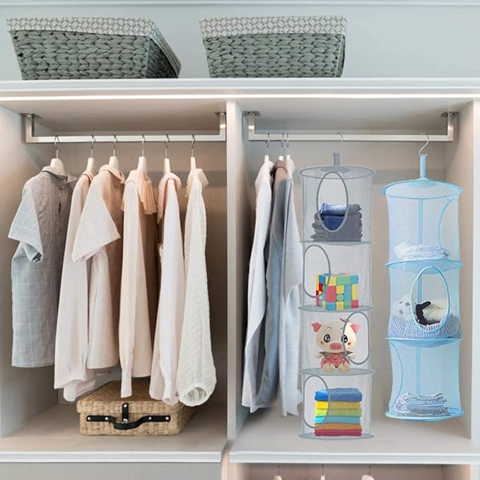 2pcs Hanging Mesh Storage Organizer Bag Foldable Space Saving Organizer with 2pcs S Hooks for Room Bathroom Wall Balcony Wardrobe(Grey，Blue)