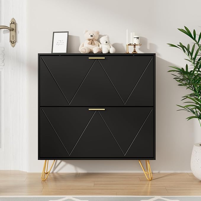 CARPETNAL Shoe Cabinet for Entryway Slim, Black Shoe Storage Cabinet with 2 Flip Drawers, Narrow Shoe Rack Cabinet, Freestanding Shoe Cabinet Organizer with Metal Handle and Legs for Entryway, Hallway