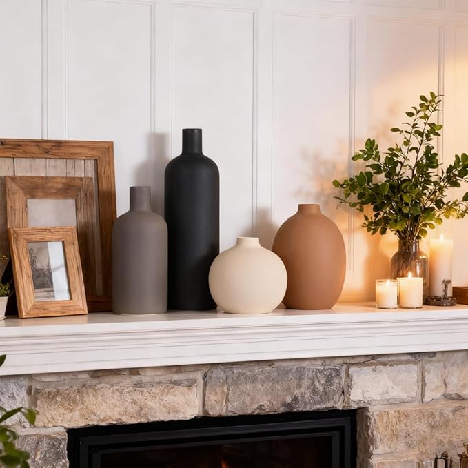 Ceramic Vase Set of 4, Flower Vase Home Decor, Rustic Modern Farmhouse Decor Pottery Vases, Pampas Grass Dried Fresh Flowers, Bedroom, Living Room, Bookshelf Decoration, Table Decor, Boho Decor