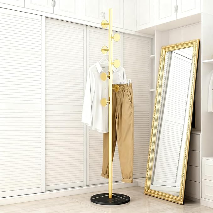 Coat Rack Freestanding with Marble Rock Slab Base, Heavy Duty Sturdy Stable Metal Tree Clothes Racks with 7 Staggered Round Hooks, Coat Hanger for Clothing Hats Bags Purses, for Room Entryway Bedroom