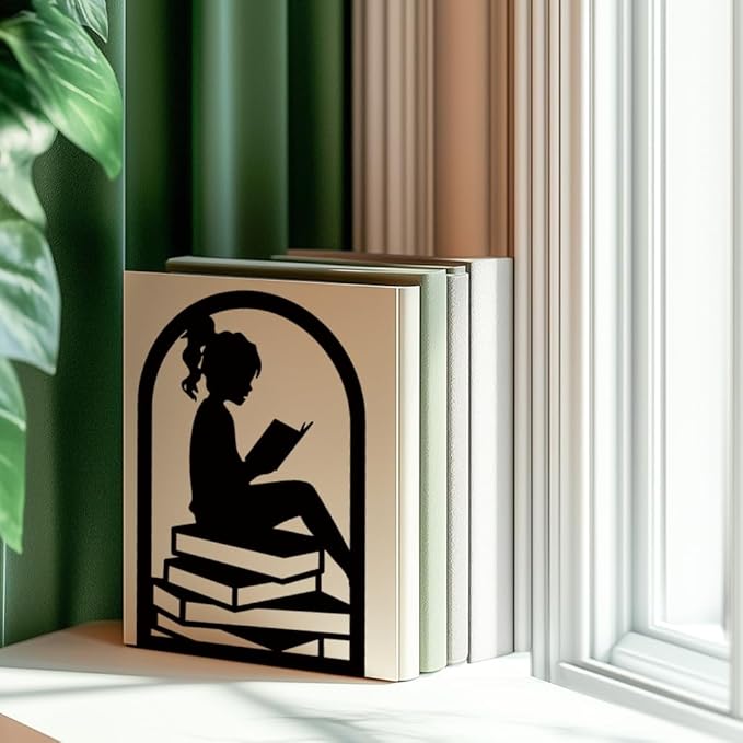 INFUNLY Lady Reading Bookends Decorative Metal Book Ends for Shelves 4.7"×7.1" Non-Skid Heavy Duty Bookends Unique Office Desk Book Stand for Heavy Book Black Book Stopper to Hold Books for Women Gift