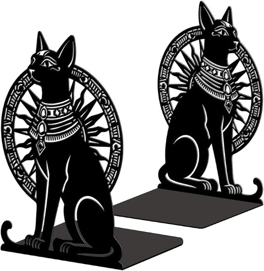 Peacoblue Metal Bookends for Shelves, Modern Decorative Heavy Duty Study Book Ends Stoppers for Office, Desk, Shelf, Room 5.3"x4.3"x7.9" Cast Iron Simple Tall Bookends 1 Pair (Egyptian Cat)