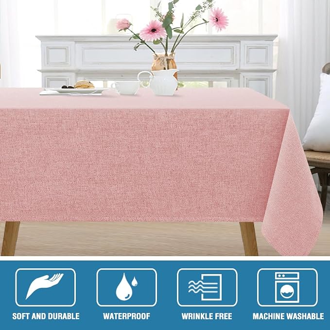 H.VERSAILTEX Linen Textured Tablecloth 60 x 60 Waterproof Decorative Table Cloth Spill-Proof Linen Look Cover for Party Table Extra Soft and Thick Fabric Wrinkle Free, Heather Baby Pink