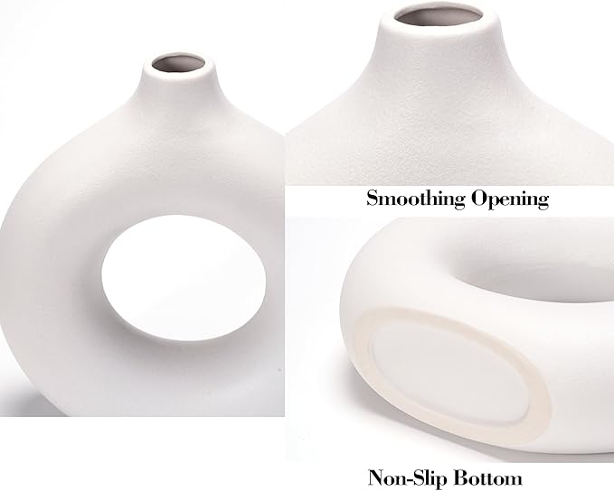 White Ceramic Vase Set of 2 Donut Home Decor Modern Farmhouse Round Matte Boho Style Living Room Table Room Pottery Small Vases for Dried Flowers