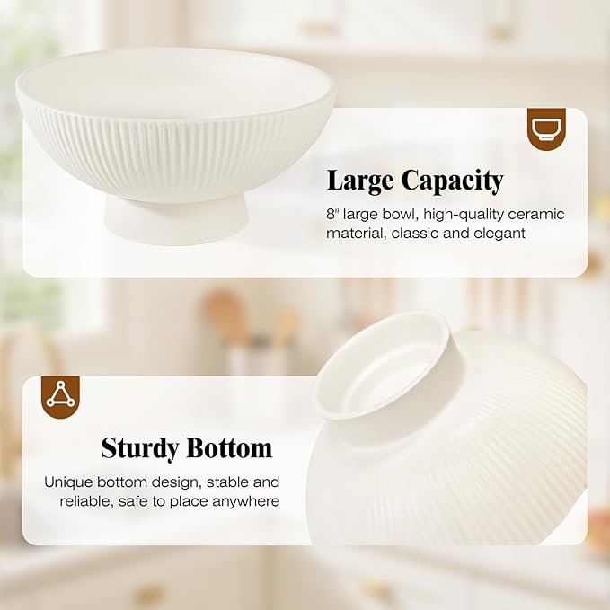 Decorative Bowl 8 Inch Fruit Bowl for Kitchen Counter Modern Pedestal Footed Centerpiece Bowl for Coffee Table & Home Decor Fall Catch-All Bowl for Key, Candy, White
