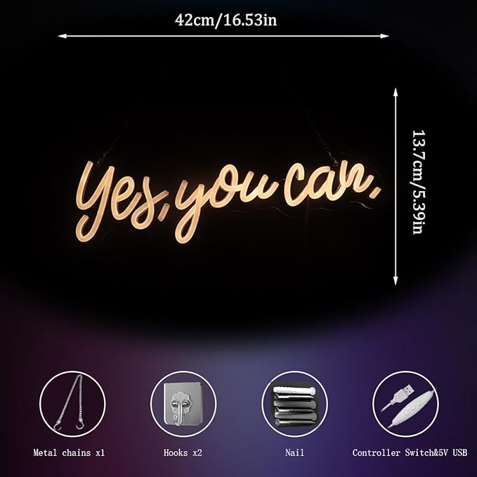 "Yes, You Can" LED Neon Sign Words Light Up Signs for Room Wall Art Decor, Inspiring Neon Light for Home, Apartment,School,Bar,Hotel,Restaurant,Cafe Decoration Christmas Birthday Gift (Warm white)