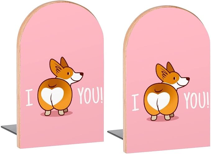 Corgi I Love You Book Ends Decorative Wood Bookends for Shelves Kids Room Desk Home Office Book Stoppers for Magazines,Books, DVDs, 1 Pair/2 Pieces(5x3.1 in)