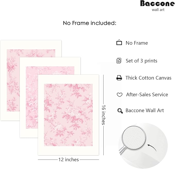 Baccone Pink Floral Wall Art Chinoiserie Flower Wall Decor Pictures Aesthetic Canvas Wall Art Love Shack Fancy Poster Vintage Floral Prints for Living Room Bedroom 12x16 Inch Unframed Set of 3