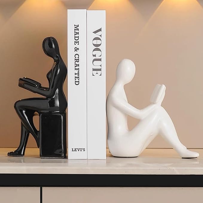 Ceramic Decorative Black and White Bookends Set of 2, Sturdy Stable Non-Slip for Books, Modern Abstract Sculptural Book Ends, Geometric Human Face Aesthetic Shelf Decor for Home Office Library