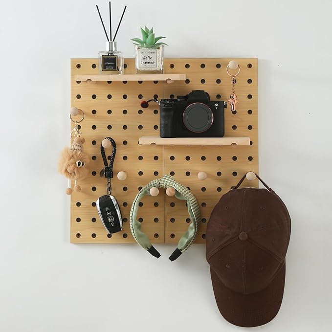2 Pack Beige Wooden Pegboard, Modular Wall Organizer Storage Shelf with Hooks, Multi‑Use Display Peg Board for Home Office Bathroom Laundry Room