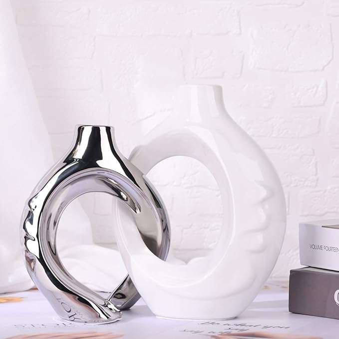 LCCCK White and Silver Ceramic Vases for Home Decor, Boho Vase for Flowers Pampas Grass Decorative, White Silver Hollow Donut Small Vase for Living Room Table Wedding Centerpiece Modern Vases