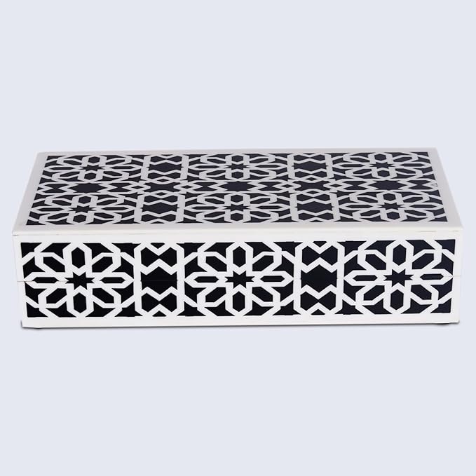 Handicrafts Home Decorative Storage Box with Lid, Black White Persian Mosaic Box, Islamic Rosette Pattern Coffee Table Organizer, Keepsake Box for Living Room & Console Decor, Shiraz 10 x 4.5 x 2.5