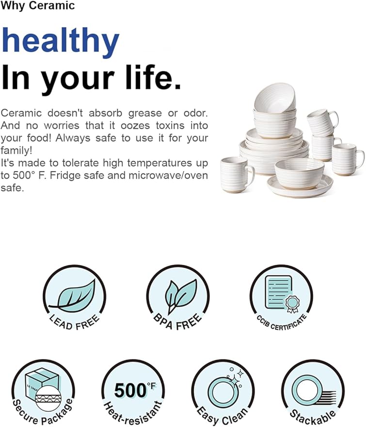LE TAUCI Plates and Bowls Sets for 4, 16 Piece Stoneware Dinnerware Sets with Mugs, Ceramic Kitchen Dish Set, Chip Resistant, Microwave & Dishwasher Safe, Arctic White