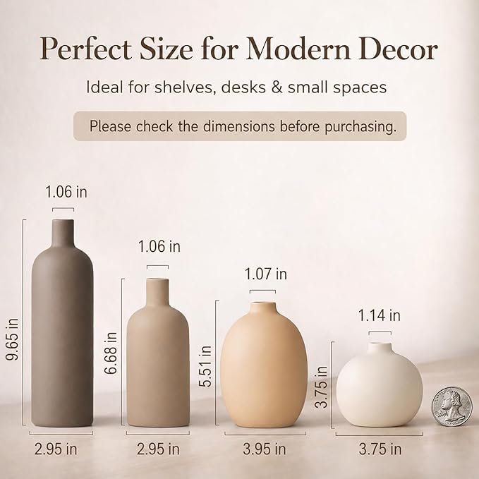 Ceramic Vase Set of 4 – Handmade Boho Neutral Farmhouse Pottery Vases for Pampas Grass, Modern Dried or Fresh Flowers, Decorative Vases for Living Room, Table, Shelf & Entryway