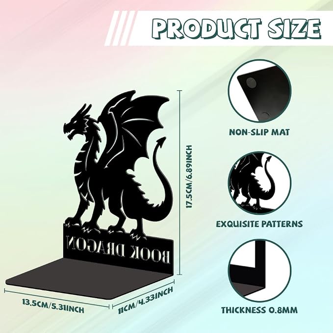 Peacoblue Metal Bookends for Shelves, Modern Decorative Heavy Duty Study Book Ends Stoppers for Office, Desk, Shelf, Room 5.3"x4.3"x6.9" Cast Iron Simple Tall Bookends 1 Pair (Dragon)