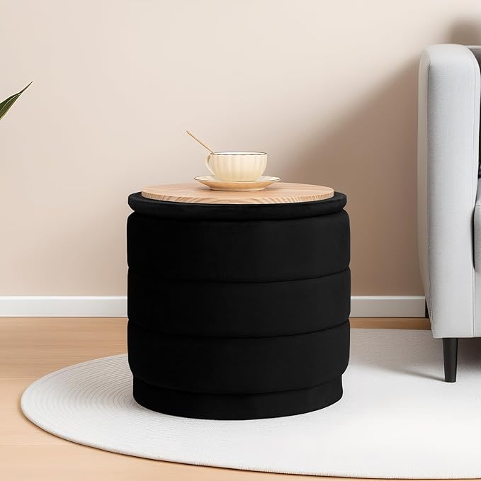 15" Upholstered Round Velvet Ottoman with Storage | Foldable Foot Rest Ottoman with Wooden Tabletop, Decorative Home Furniture for Living Room & Bedroom-Black
