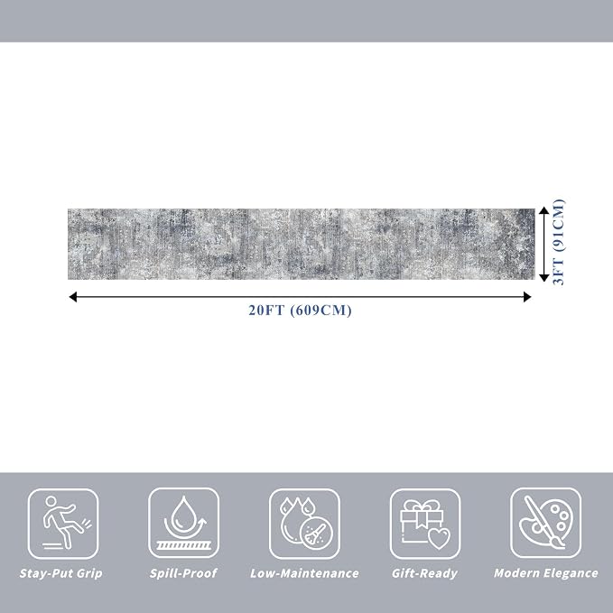 3x20 ft Extra Long Hallway Runner Rug - Non-Slip Washable Floor Runner with Rubber Backing, Modern Low Pile Thin Wide Carpet for Entryway, Kitchen, Living Room（Blue Grey, 3x20）