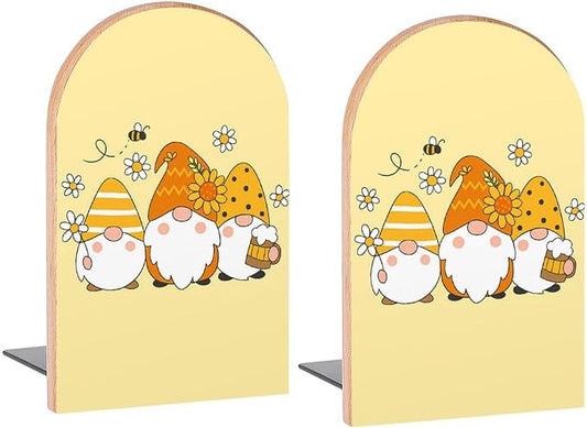 Cute Sunflower Bee Gnomes Book Ends Decorative Wood Bookends for Shelves Kids Room Desk Home Office Book Stoppers for Magazines,Books, DVDs, 1 Pair/2 Pieces(5x3.1 in)