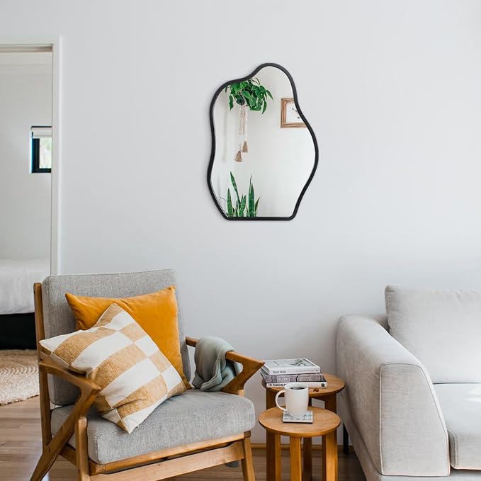 Irregular Asymmetrical Mirror Small Wooden Framed Wall Mirror Modern Cloud Hanging Artistic Mirror Decor for Bathroom Vanity Bedroom Living Room Entryway Hallway 16"x12"