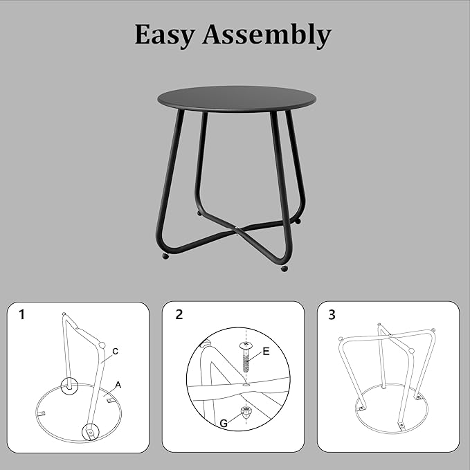 Patio Side Table Waterproof Round Metal Steel Weather Resistant Portable Outdoor and Indoor End Table for Garden Balcony Yard, Black