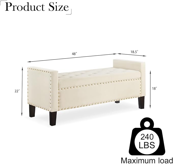 48" Velvet Upholstered Storage Ottoman,Luxury Rectangle Entryway Tufted Button Long End of BedBench, Rolled Arm Bench Seat with Wood Legs, Living Room,Bedroom,Cream