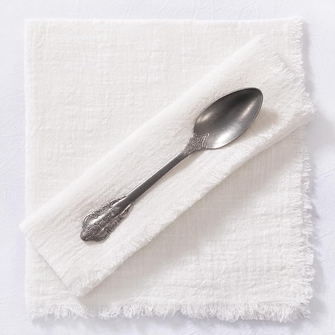 MLMC 6 Pack Ivory White Cloth Napkins with Fringe Boho Linen Napkins Washable Reusable Rustic Dinner Table Decor 17"×17" for Wedding Party Bridal Baby Shower Home Decor