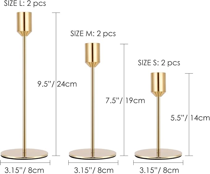 Gold Candle Holders Candlestick Holder for Taper Candles, Set of 6 Pcs Decorations Candle Stick Long Holder for Table Centerpieces, Wedding, Dinning, Anniversary, Party(Candles not Include)