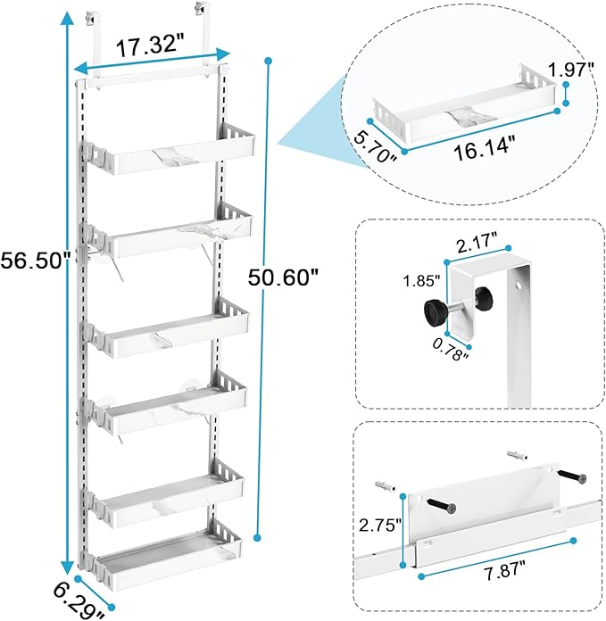 BUKFEN 6-Tier Over the Door Pantry Organizer, 2-in-1 Door Hanging or Wall Mounted Spice Rack, Heavy Duty Metal Storage Shelves with Adjustable Baskets for Kitchen Bathroom Closet, 1 Pack