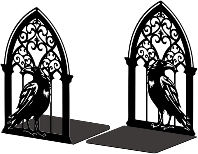 Peacoblue Metal Bookends for Shelves, Modern Decorative Heavy Duty Study Book Support Stoppers for Office, Desk, Shelf, Room 5.3"x4.3"x7.9" Cast Iron Simple Tall Bookends, 1 Pair (Gothic Crow)