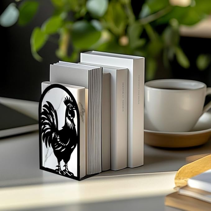 Peacoblue Metal Bookends for Shelves, Modern Decorative Heavy Duty Study Book Support Stoppers for Office, Desk, Shelf, Room 5.3"x4.3"x7.9" Cast Iron Simple Tall Bookends, 1 Pair (Rooster)
