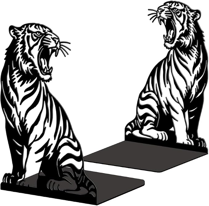 Peacoblue Metal Bookends for Shelves, Modern Decorative Heavy Duty Study Book Ends Stoppers for Office Desk Shelf, Room 5.3"x4.3"x7.6" Cast Iron Tall Bookends 1 Pair (Realistic Tiger)