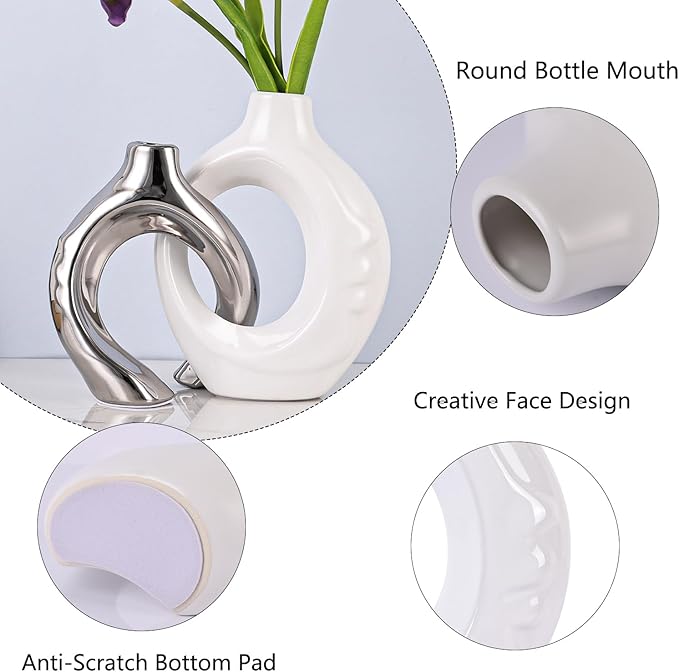 LCCCK White and Silver Ceramic Vases for Home Decor, Boho Vase for Flowers Pampas Grass Decorative, White Silver Hollow Donut Small Vase for Living Room Table Wedding Centerpiece Modern Vases