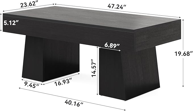 LITTLE TREE Farmhouse Coffee Table, 47 Inches Wooden Rectangular Accent Center Tables with Thick Base, Modern Low Cocktail Tea Furniture for Living Room (Black)