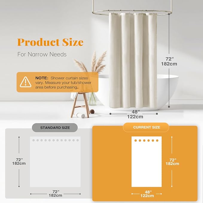 BTTN Stall Fabric Shower Curtain - 48x72 Inch Narrow Linen Textured Heavy Duty Shower Curtain Set with 8 Plastic Hooks, Hotel Spa Luxury Small Waterproof Neutral Bath Curtain for Bathroom, Light Cream