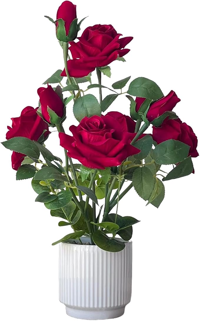 Artificial Rose Plant with Ceramic Vase,Home Decor Potted Floral Arrangement,Silk Roses Artificial Flowers (Red)