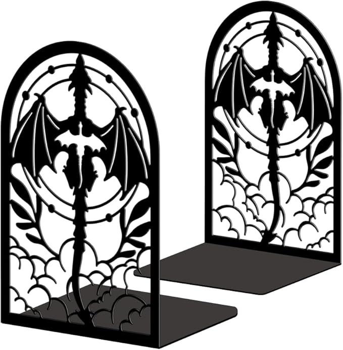 Peacoblue Metal Bookends for Shelves, Modern Decorative Heavy Duty Study Book Ends Stoppers for Office Desk Shelf Room 5.3"x4.3"x7.9" Cast Iron Simple Tall Bookends 1 Pair (Symmetrical Dragon Cross)