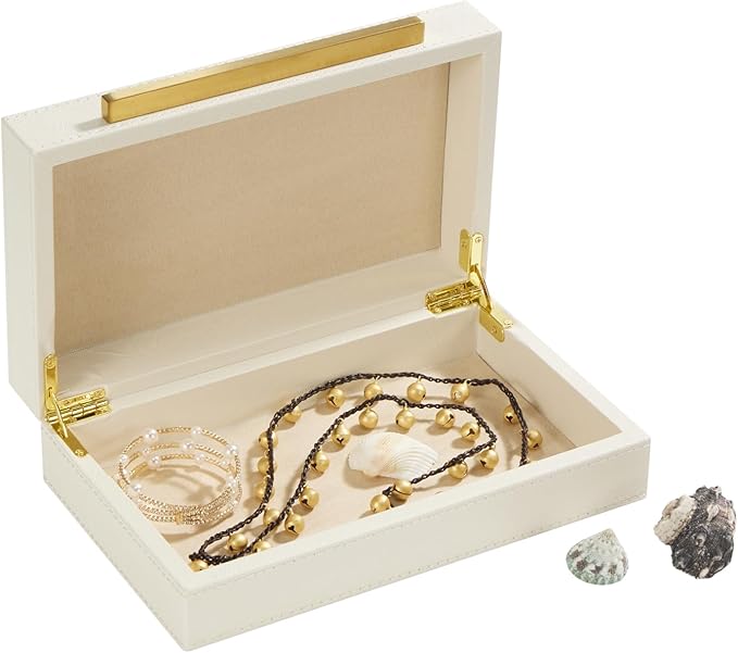 Generic Pearl White Small Decorative Box with Gold handle, PU Leather exquisite Box for Keepsake Memory Box, Storage Box with Lid for Modern Home, Jewelry Organizer(Pearl White-Gold, 1pack)