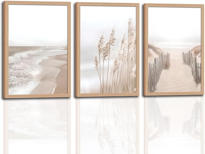 skysoon 3 Piece Neutral Beach Wall Art with Solid Wood Frame, Pampas Grass Boho Coastal Ocean Prints, Natural Wilderness Seascape Painting Set 12x16 Inch