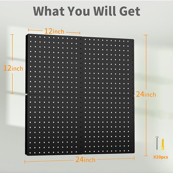 FZK Peg Board, 4PCS Metal Pegboard, Heavy Duty Pegboard Wall Organizer with Frame. Black Pegboard for Walls, Garage, Workbench, Craft Room Tool Organization, Metal Pegboard Panels 12in*12in