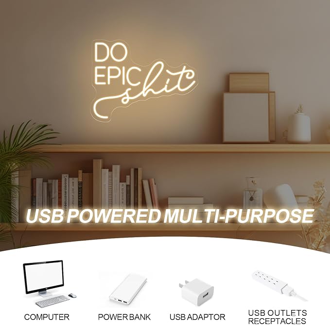 Do Epic Neon Sign, Minimalist LED Motivational Neon Sign for Wall Decor, Dimmable USB Light Up Sign for Home Office Workspace Desk Setup, Inspirational Quote Neon Light for Studio Room Decor, 16.5x12.6"