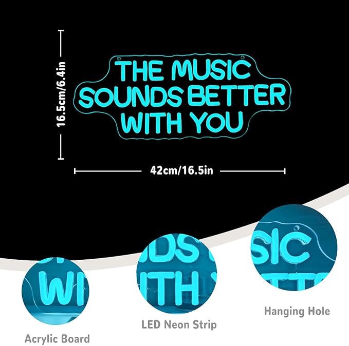 "The Music Sounds Better With You" Neon Sign Music Neon Light for Wall Decor Letter LED Neon Sign Blue Led Neon Light for Bedroom Studio Record Shop Decoration