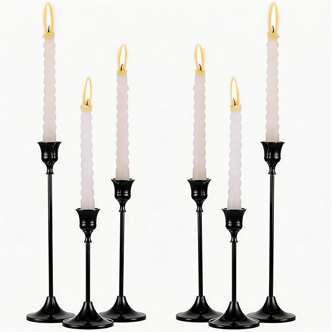 Set of 6 Metal Candle Holders for Taper Candles, 3 Sizes Decorative Candlestick Holders for Table Centerpiece, Wedding, Dinner Party, Home Decor (Black)