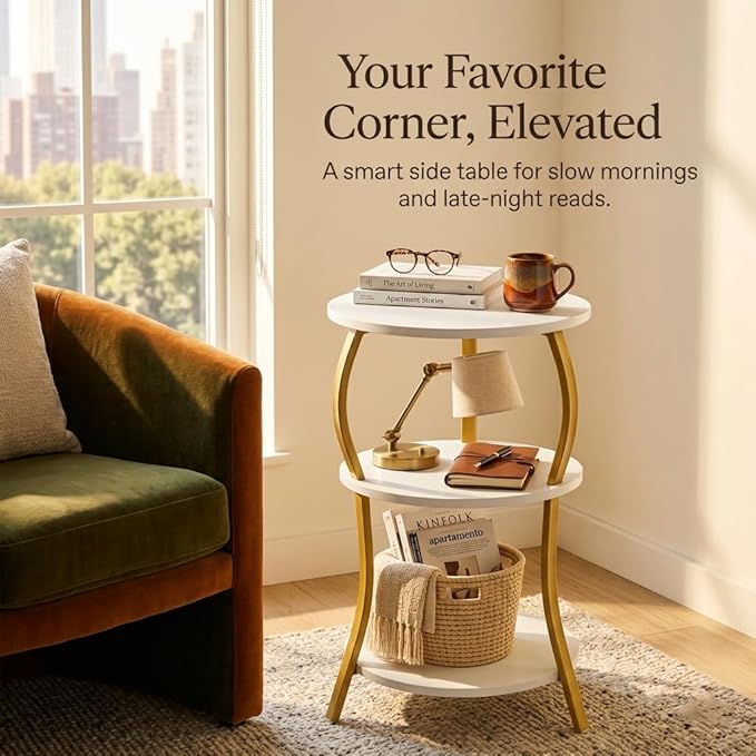Vintage Small Round Side Table, 3-Tier Slim Waist Circular End Table with Storage Shelf, Compact Tea Sofa Table, Round Corner Coffee Table Nightstand for Living Room Bedroom Small Spaces,White+ Gold